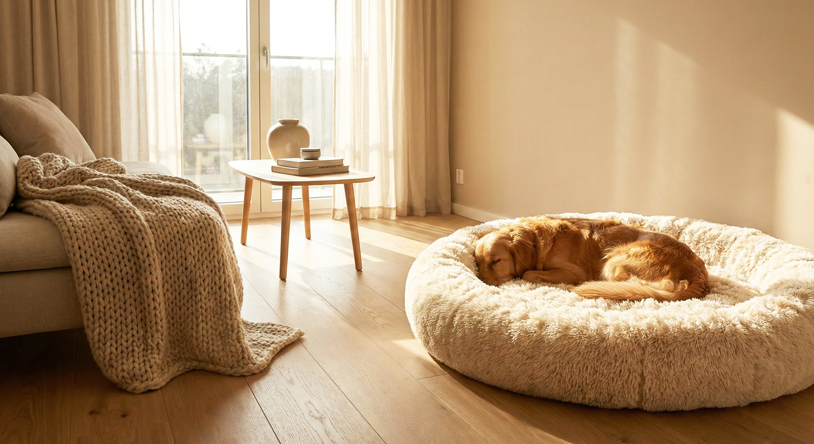 Dog resting on a fluffy pet bed in a cozy living room with sunlight streaming through the window.